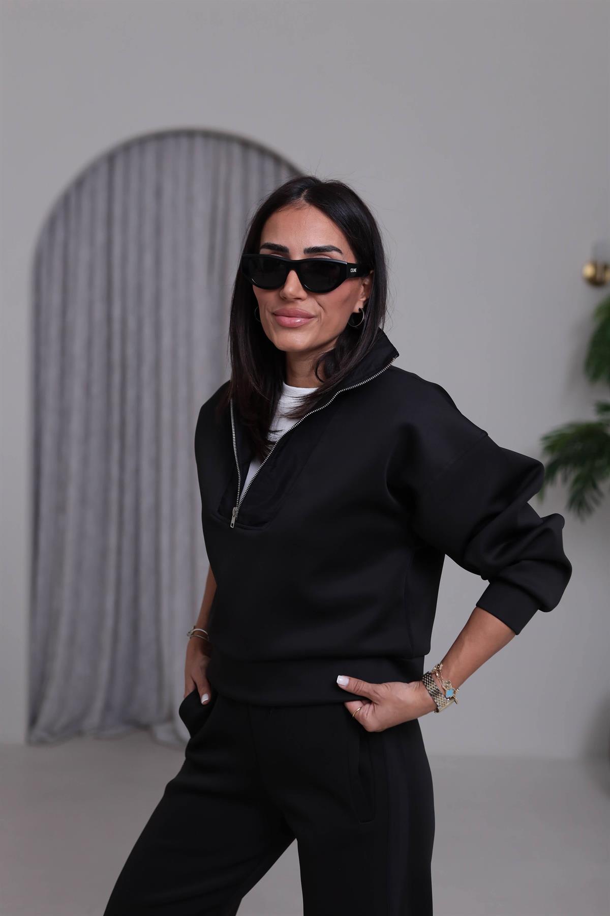 2624 Paraşüt Detaylı Yarım Fermuarlı Scuba Takım SİYAH