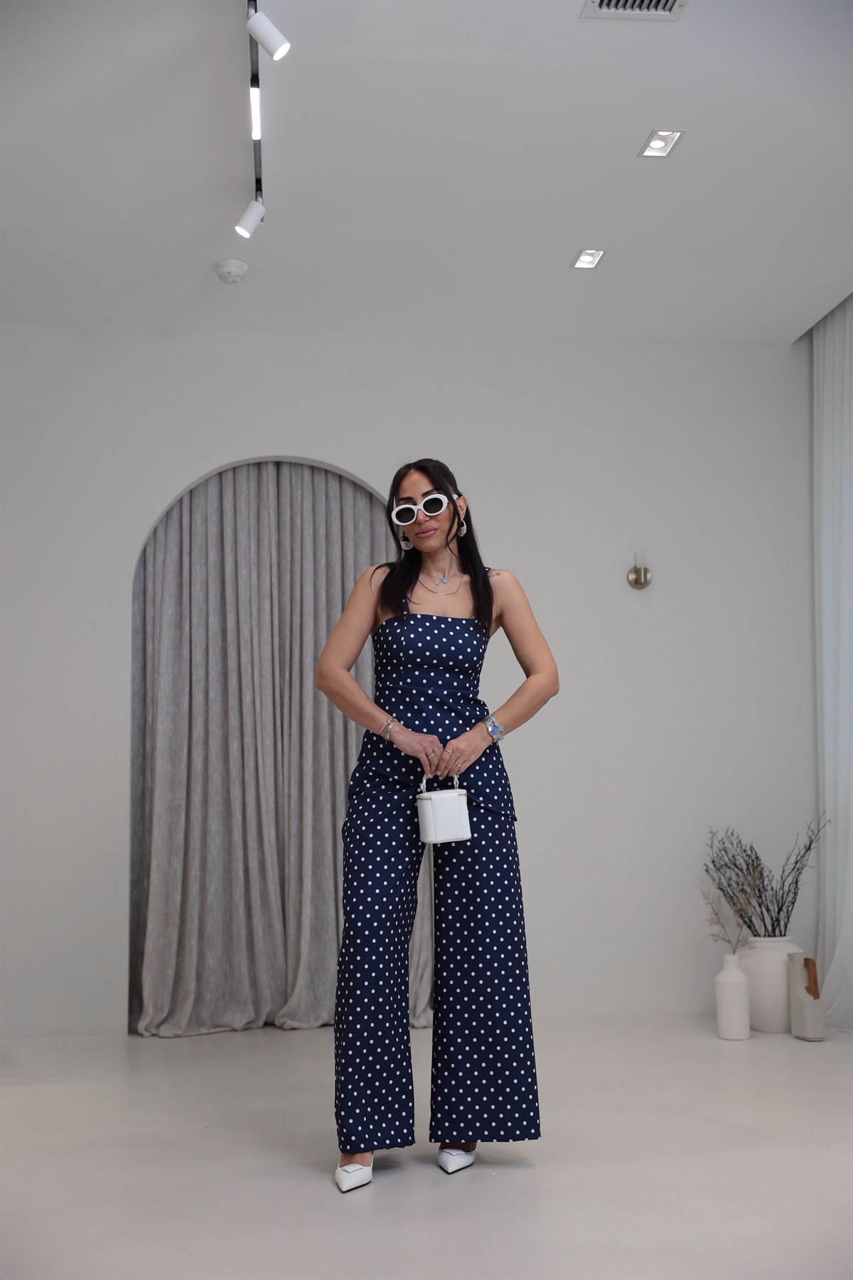 4161 Puantiyeli Askılı Bluz Pantolon Takım LACİVERT