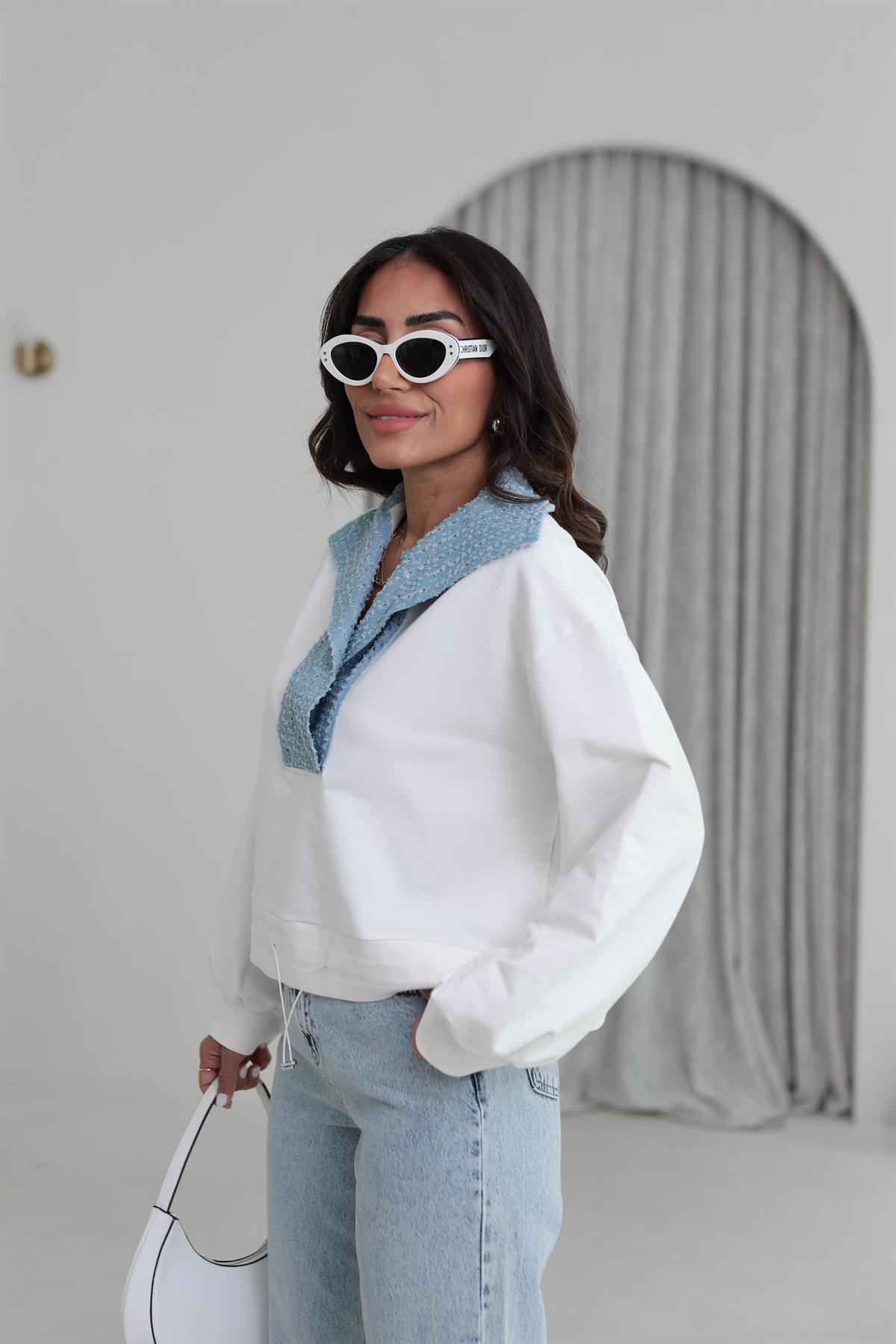 6730 Payetli Kot Garnili Sweatshirt EKRU