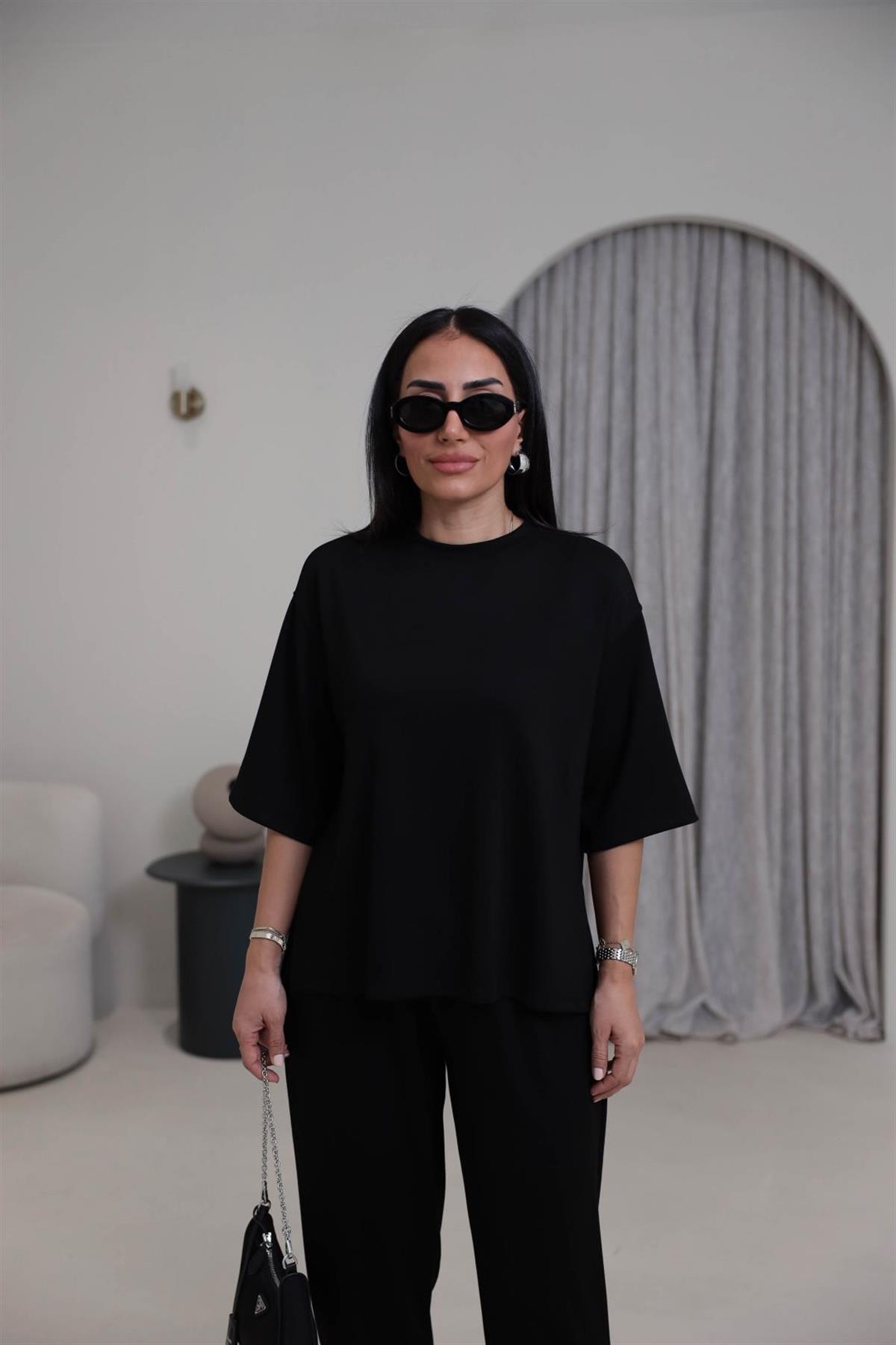 2485 Yanları Yırtmaçlı Kısa Kol Modal Takım SİYAH