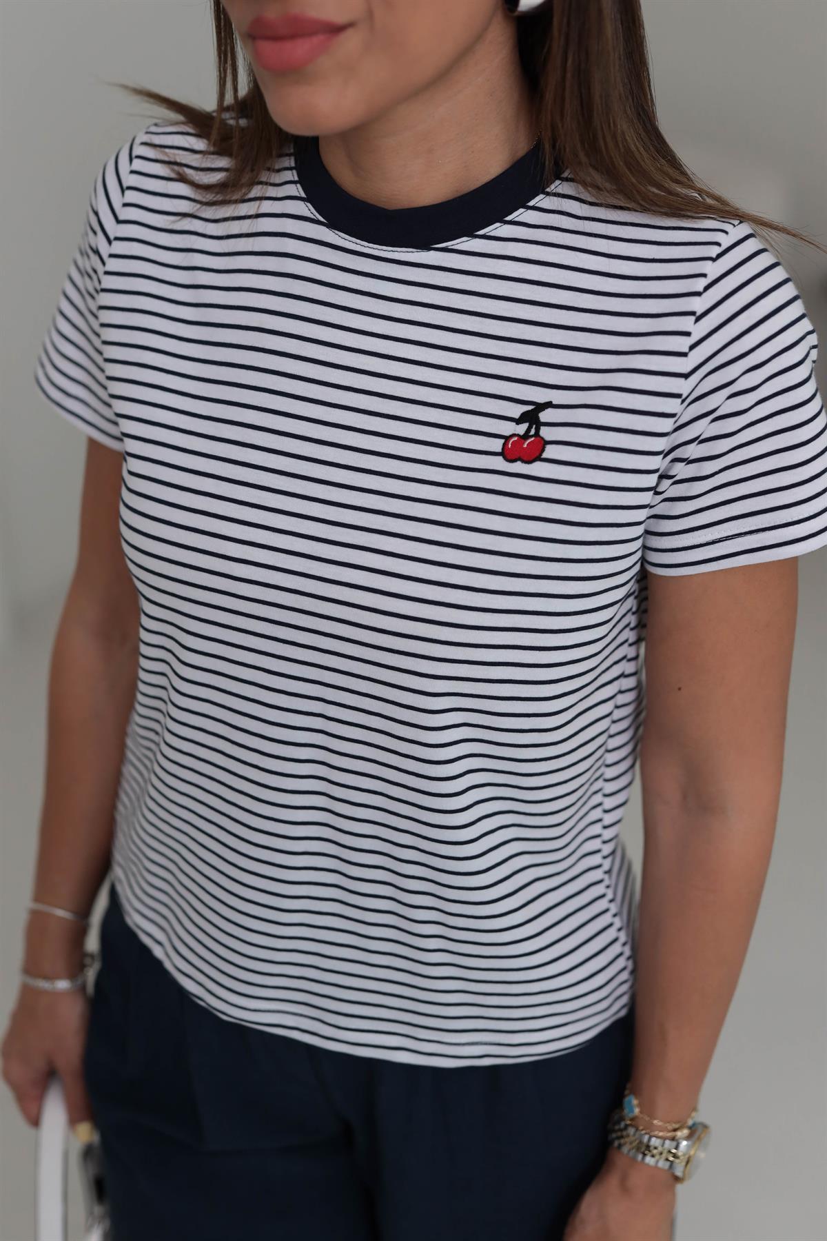 0415 Kiraz Nakış İşlemeli Çizgili Pamuklu Tshirt LACİ-BEYAZ