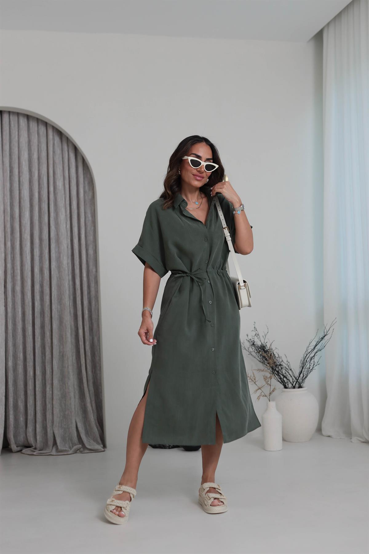 Bel Büzgülü Tencel Gömlek Elbise HAKİ YEŞİL