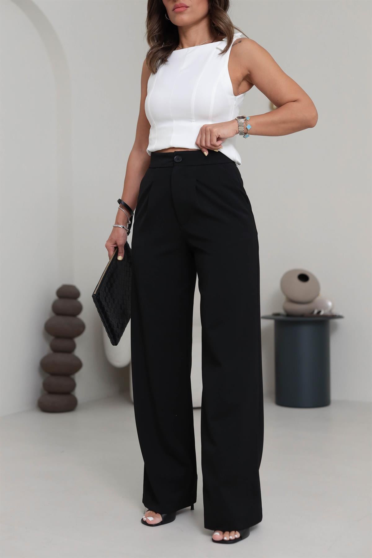 6500 Tok Doku Palazzo Pantolon SİYAH