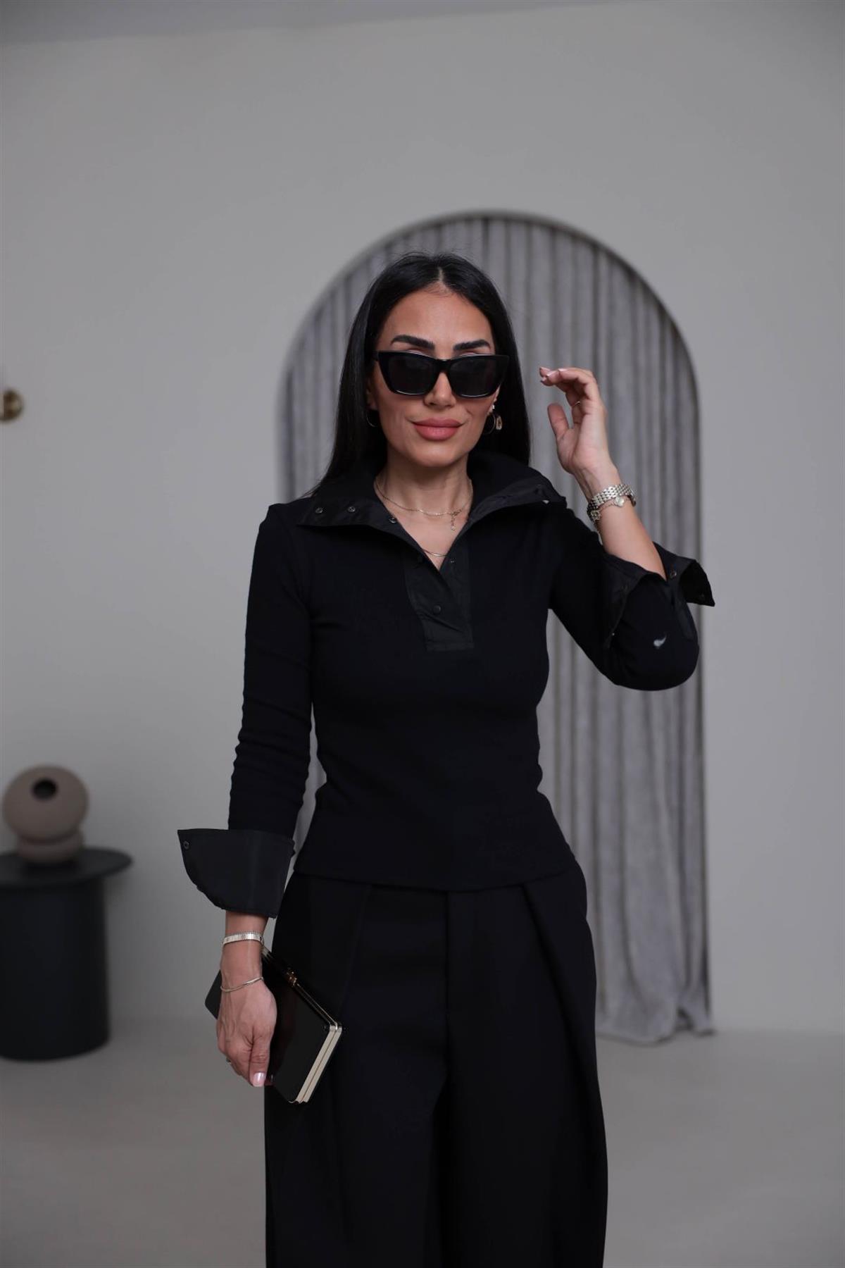 7009 Paraşüt Garnili Çıtçıtlı Triko Bluz SİYAH