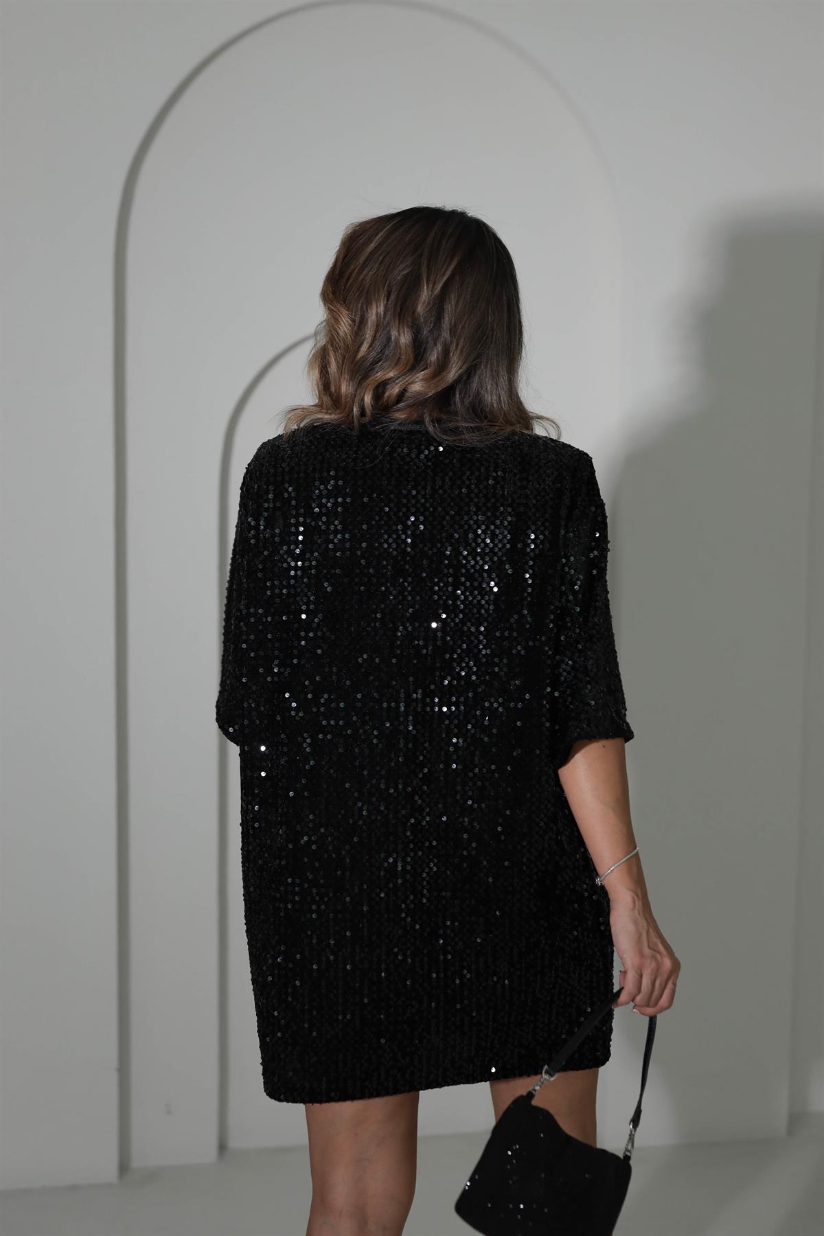 5627 Bisiklet Yaka Rahat Pullu Elbise SİYAH