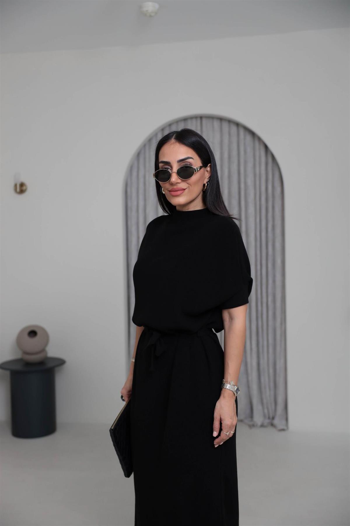 5265 Dik Yaka Kuşaklı Triko Elbise SİYAH