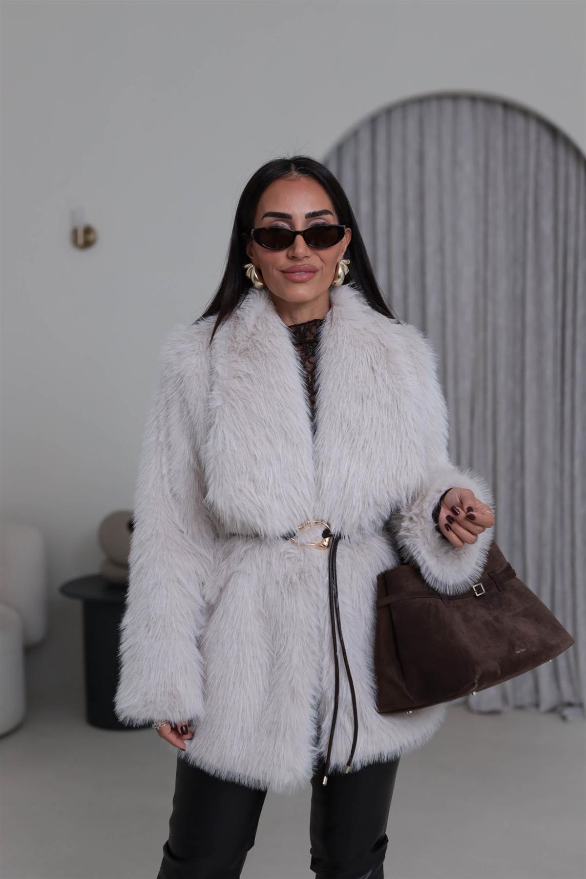 Yakalı Kemerli Suni Kürk Kaban TAŞ