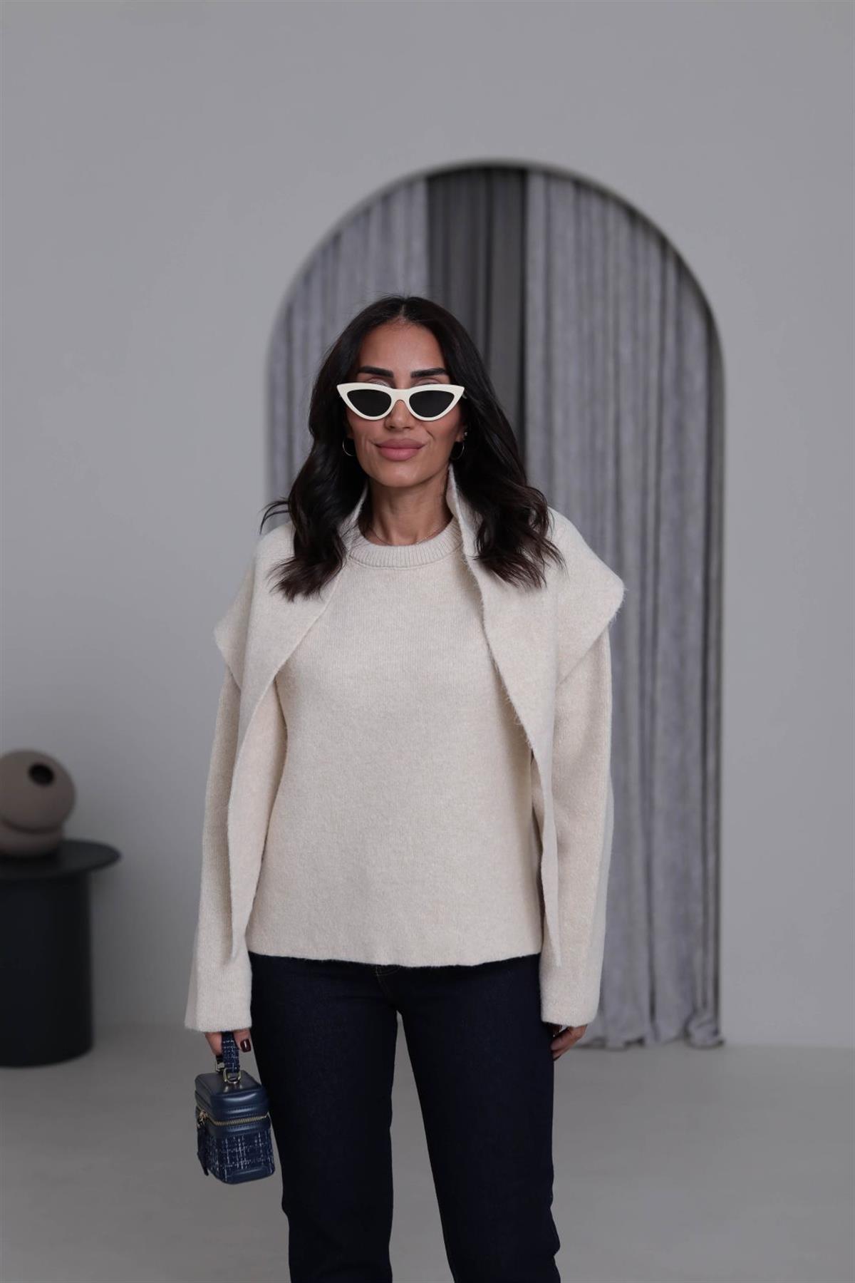 2567 Bisiklet Yaka Şal Detaylı Triko Kazak BEJ