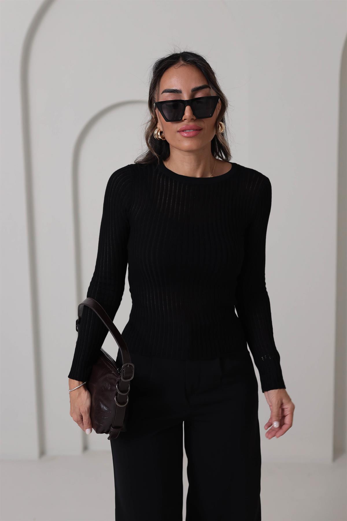 4107 Transparan Detaylı Triko Bluz SİYAH