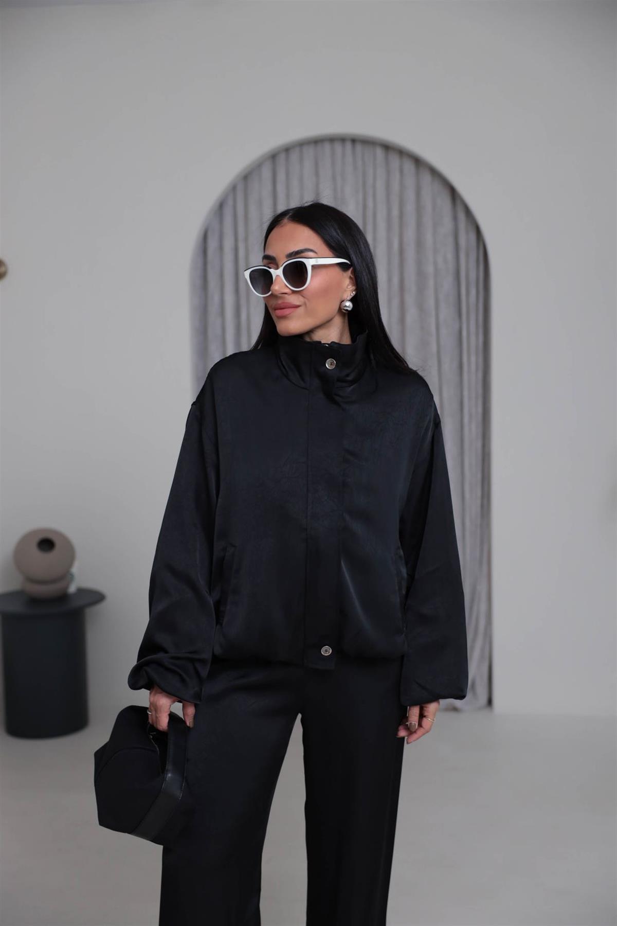 6800 Önden Fermuarlı Bomber Saten Takım SİYAH