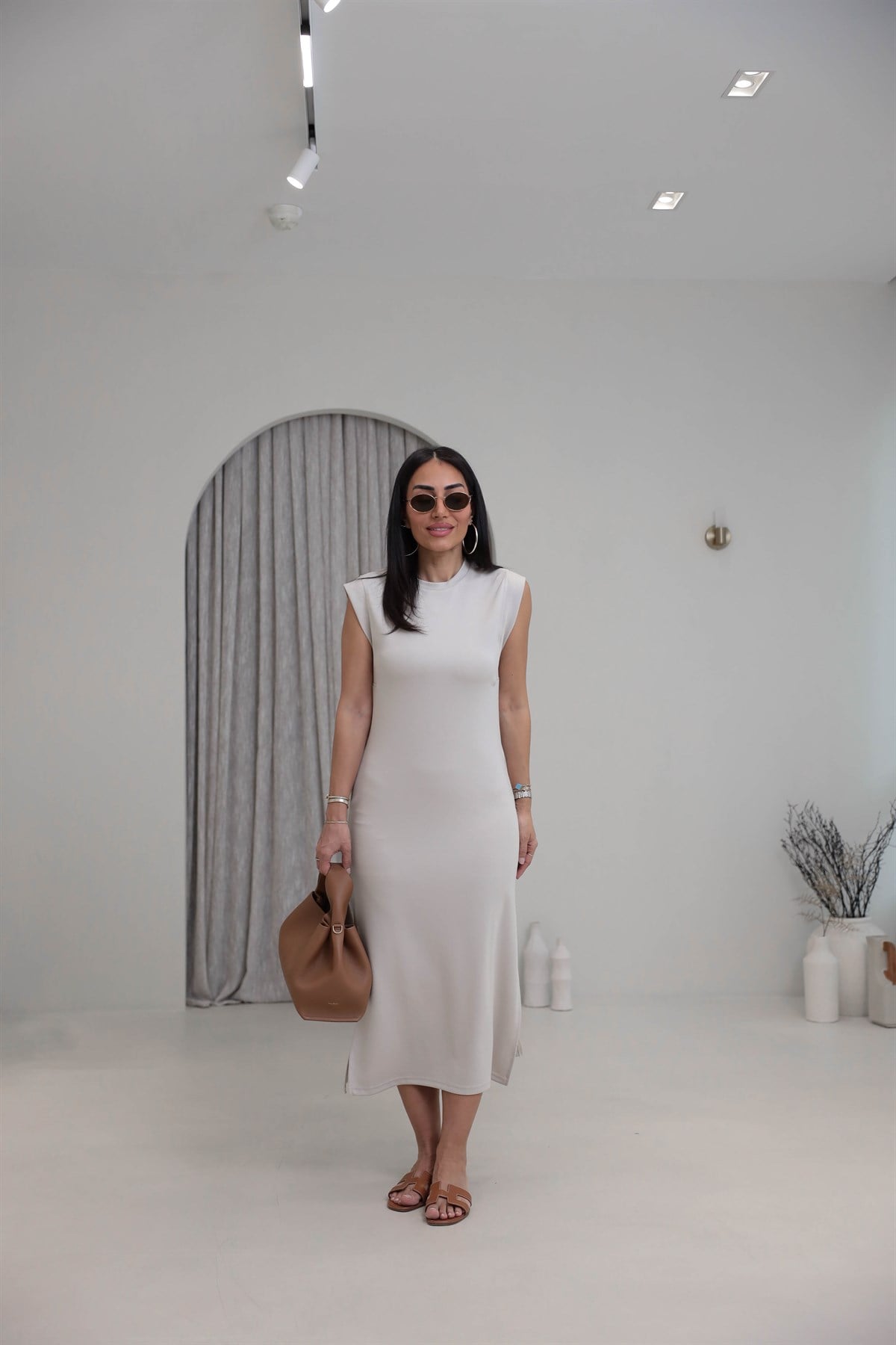 4254 Kol Detaylı Modal Rahat Elbise TAŞ