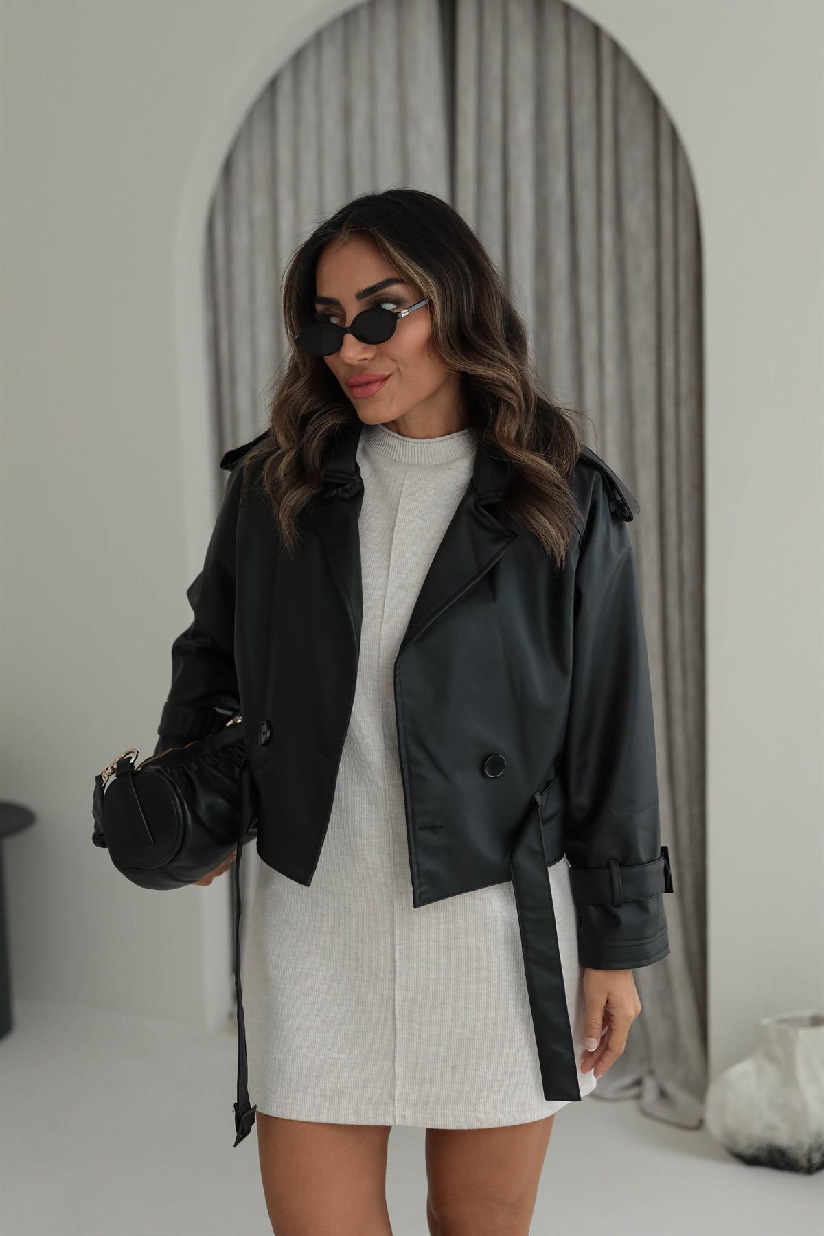 3076 Kol Ve Bel Kemer Detaylı Suni Deri Ceket SİYAH