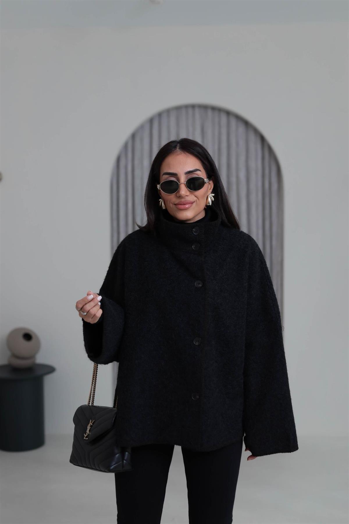 0563 Dikiş Detaylı Dik Yaka Kaşe Ceket SİYAH