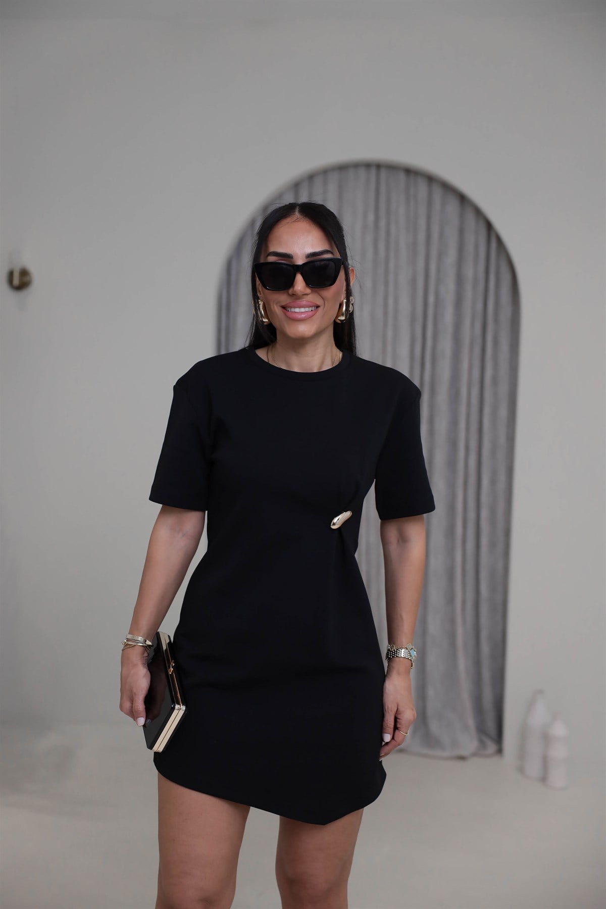 1573 Aksesuar Detaylı Mini Elbise SİYAH