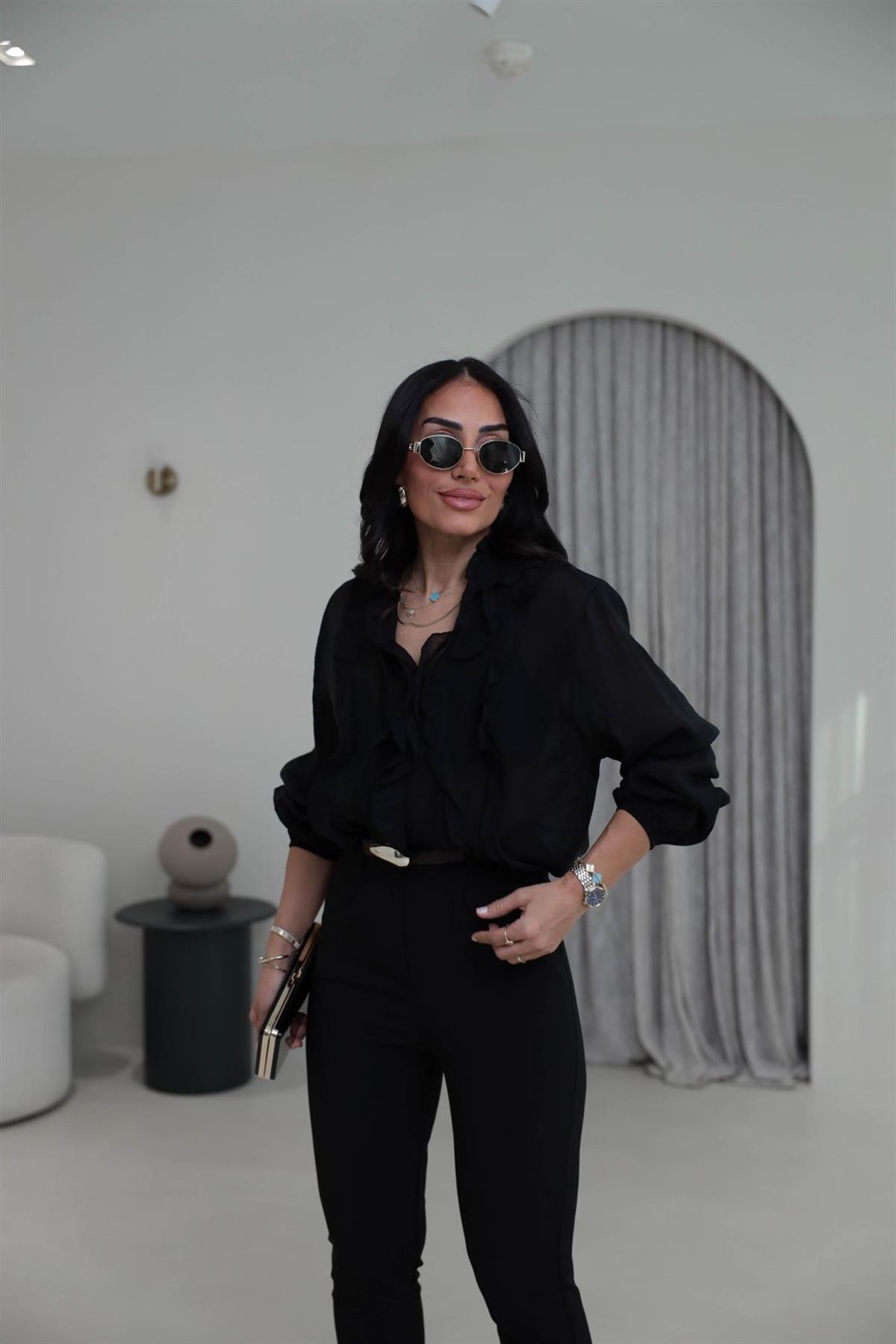 5023 Yaka Fırfırlı Liyosel Bluz SİYAH