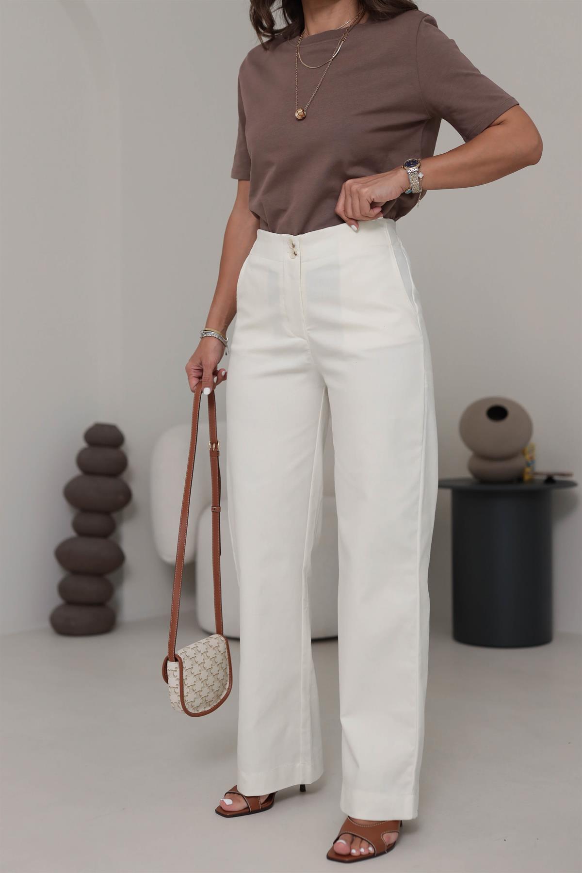 9953 Yüksek Bel Likralı Kumaş Pantolon KREM