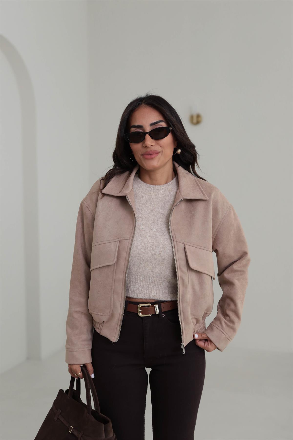 9730 Cep Detaylı Bel Lastikli Süet Bomber TABA