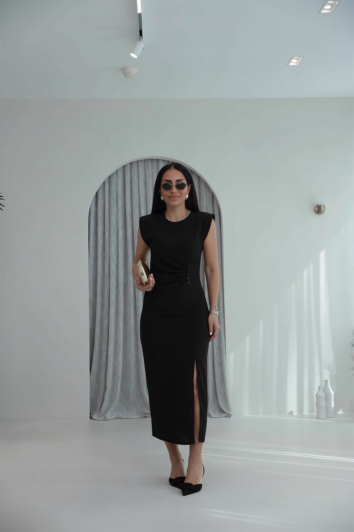 3870 Sıfır Kol Vatkalı Drapeli Elbise SİYAH