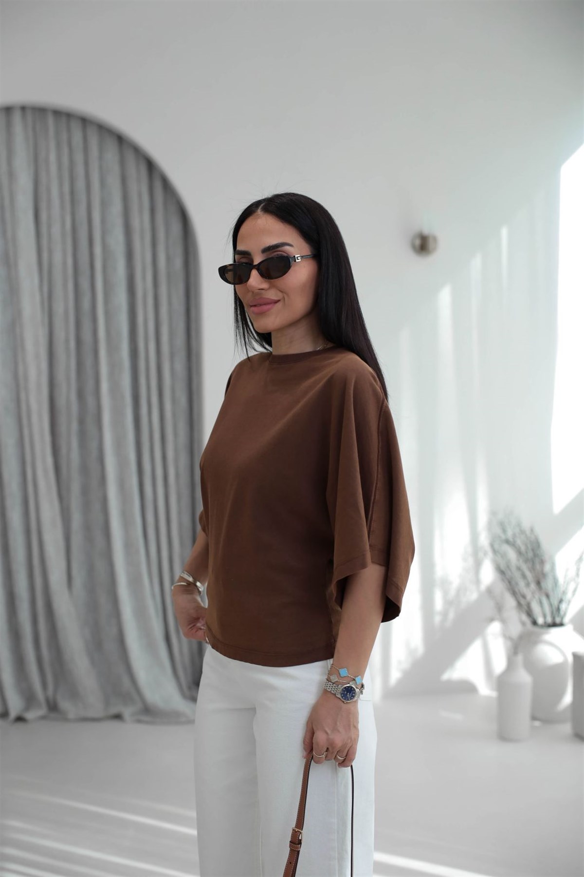 2207 Yıkamalı Pamuklu Tshirt KAHVE