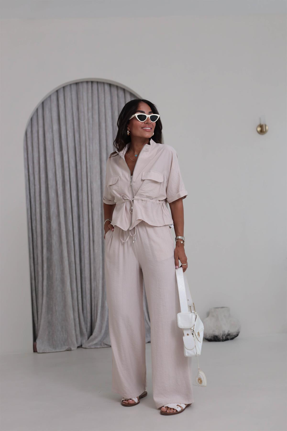 0343 Cep Kapaklı Bel Büzgülü Gömlek & Pantolon Takım VİZON