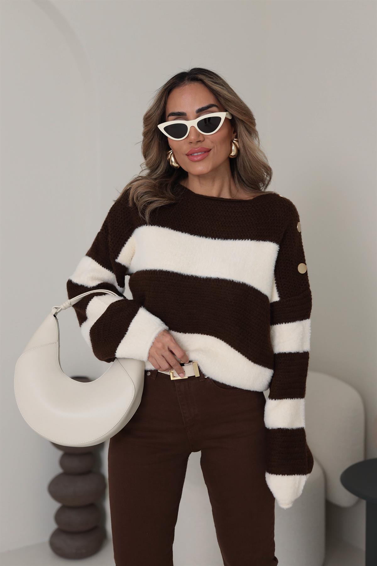 7589 Ters Örgülü Gold Düğme Detaylı Triko KAHVE