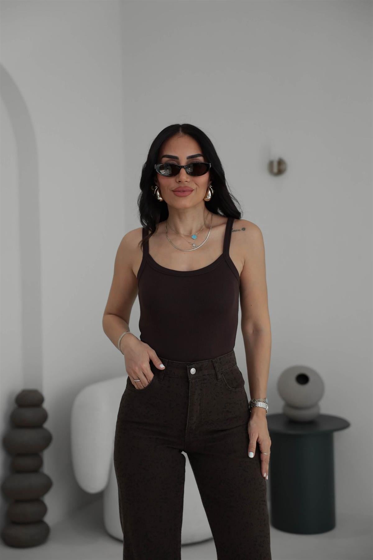 1277 Kalın Askılı Modal Bodysuit KAHVE