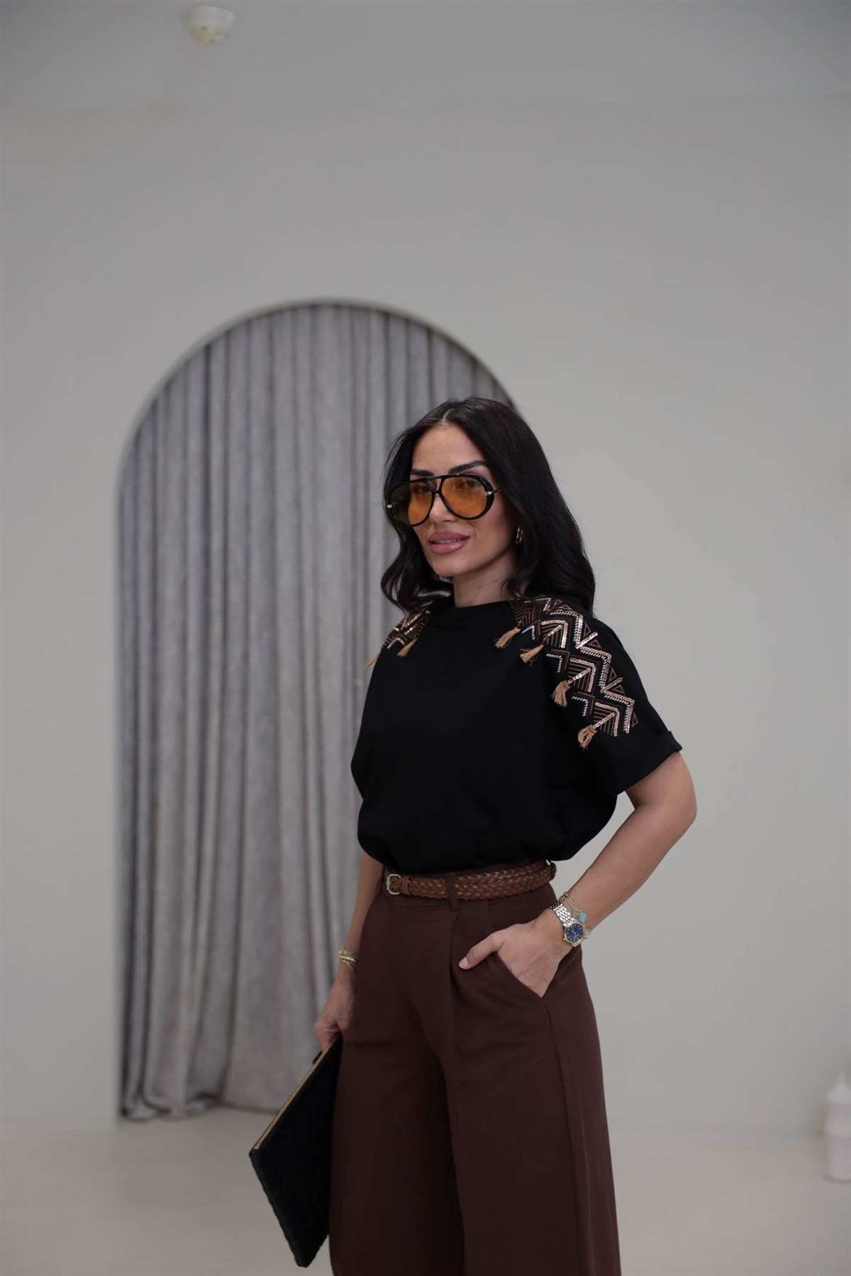 5166 Etnik Nakış İşlemeli Premium Tshirt SİYAH