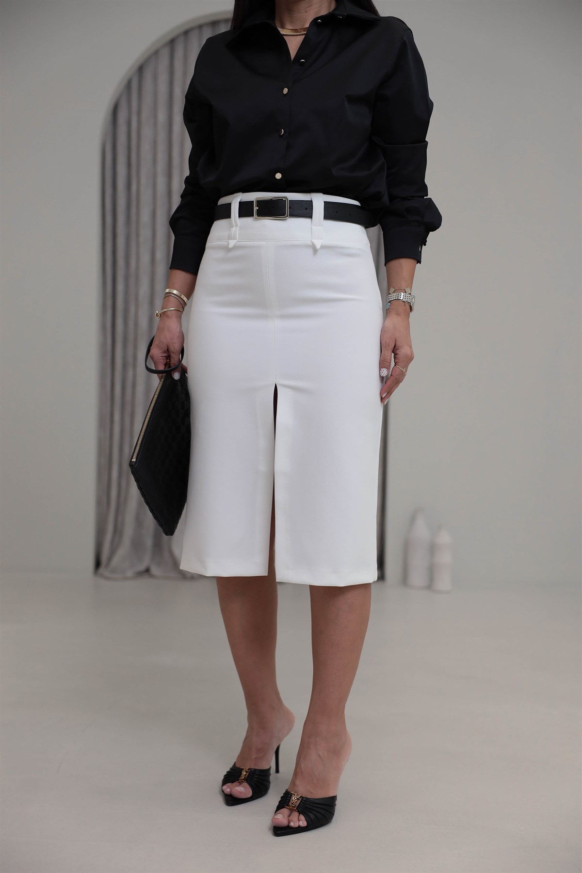 7607 Ön Yırtmaçlı Kalem Etek BEYAZ