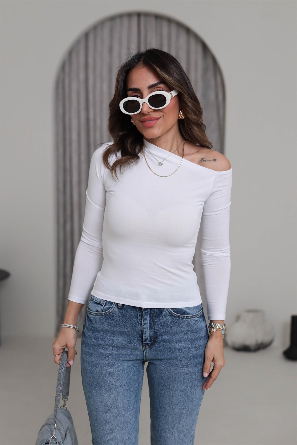 1001 Omuz Drape ve Dekolte Detaylı Bluz BEYAZ
