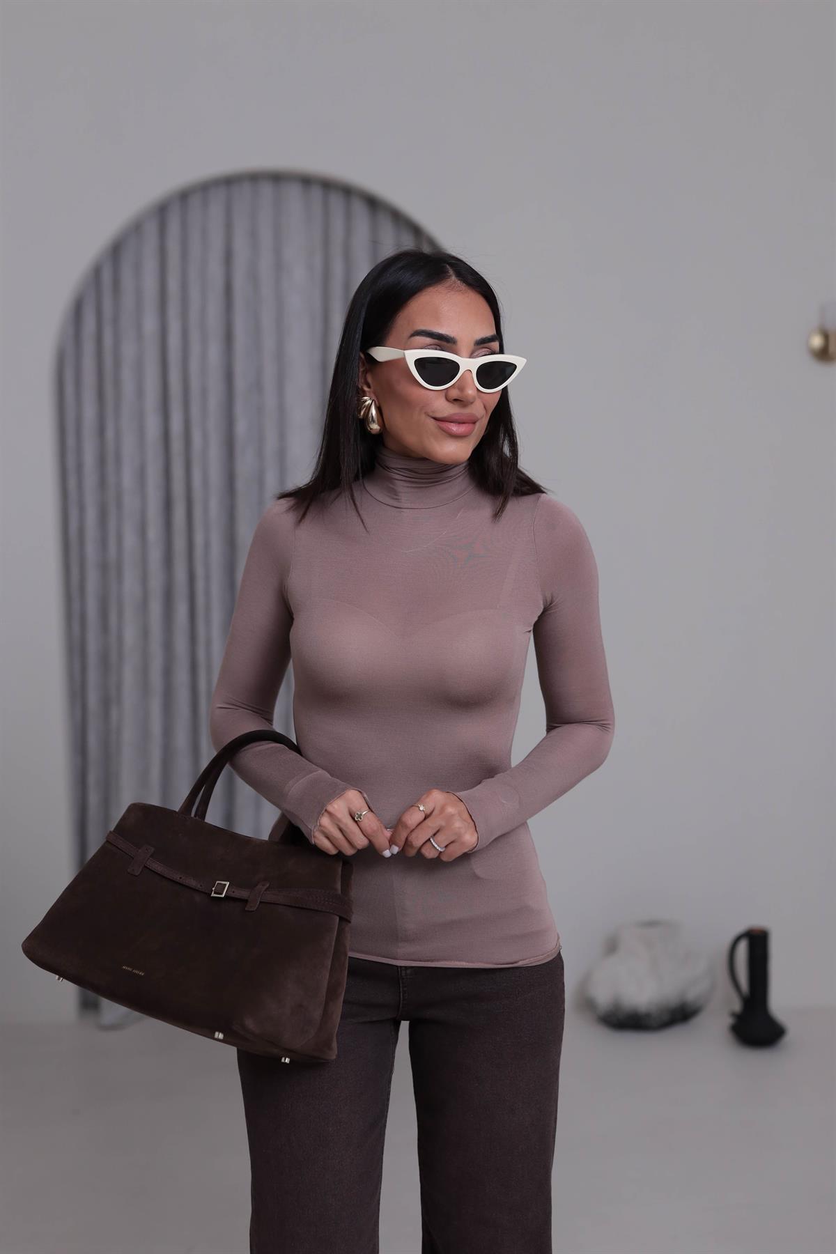 5256 Balıkçı Yaka Transparan Bluz SÜTLÜ KAHVE