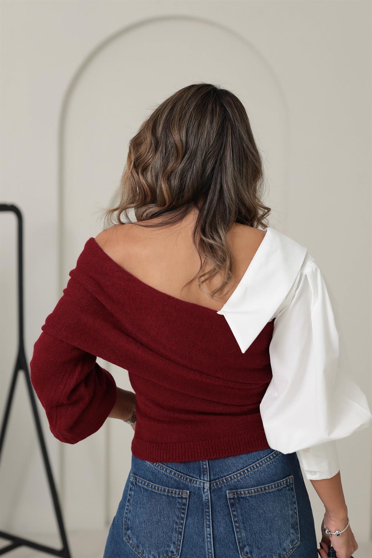 4256 Gömlek Garnili Triko Bluz BORDO