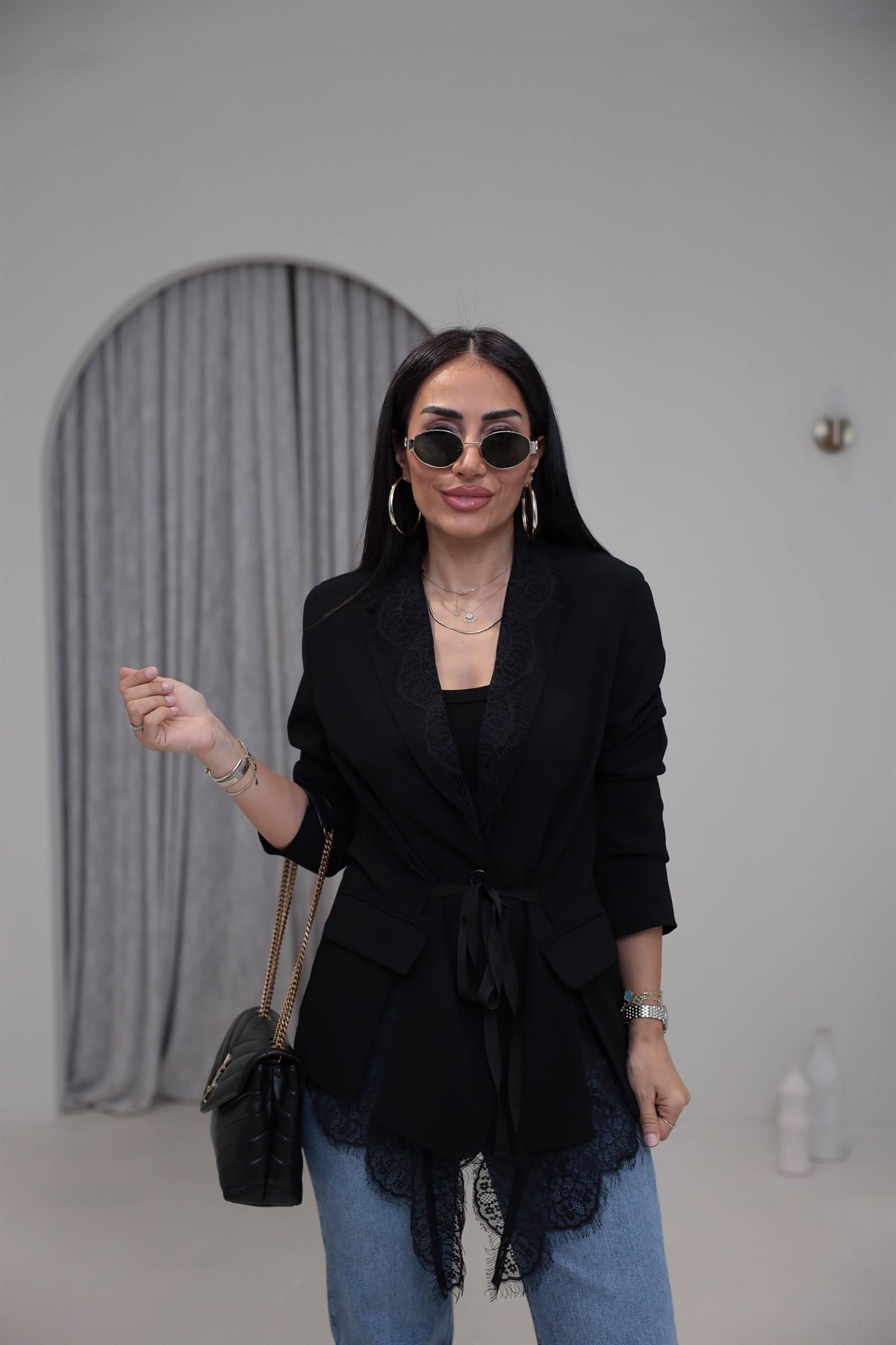 7241 Kuşaklı Dantel Detaylı Blazer Ceket SİYAH