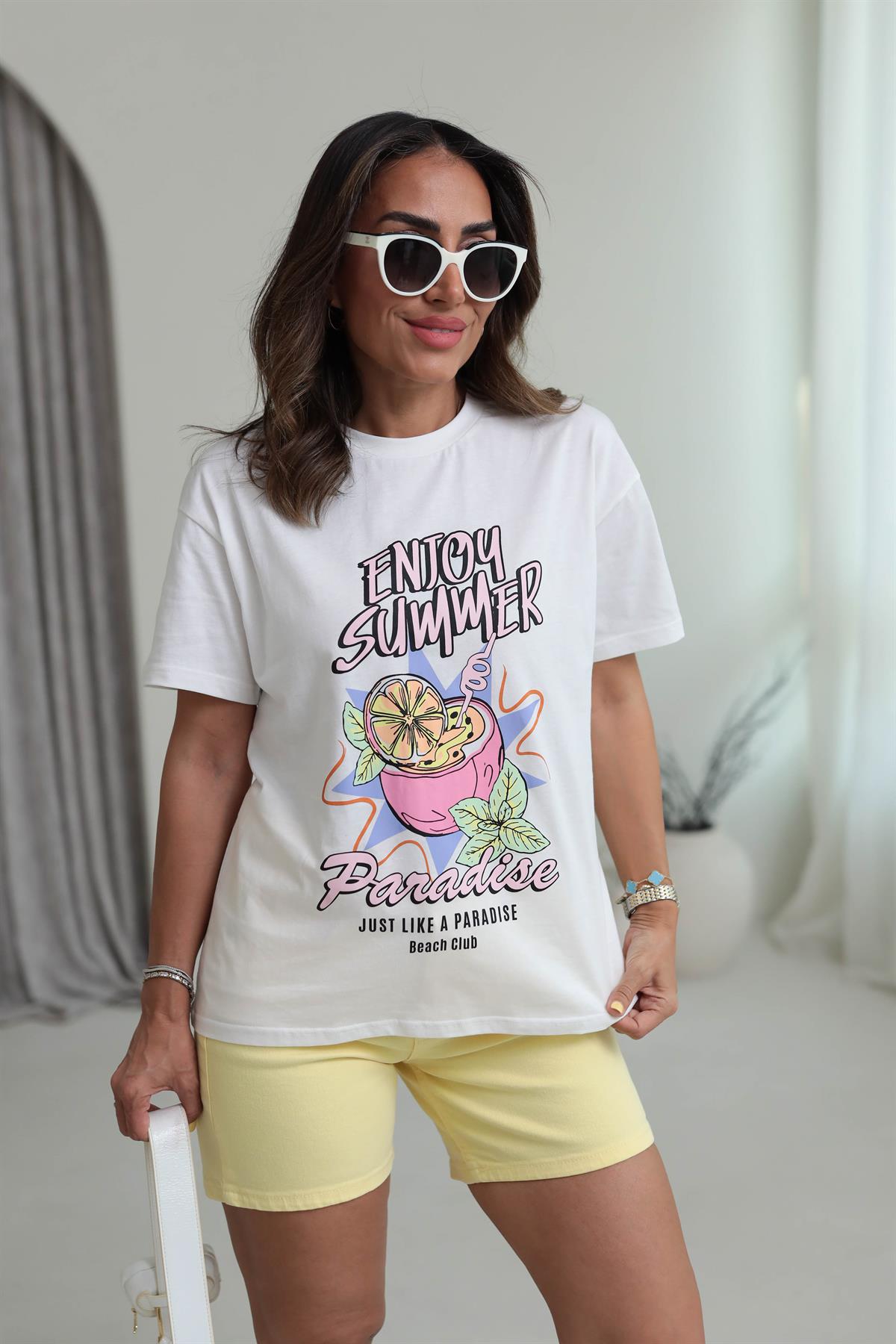 0498 Yazı Ve Baskı Detaylı Pamuklu Tshirt EKRU