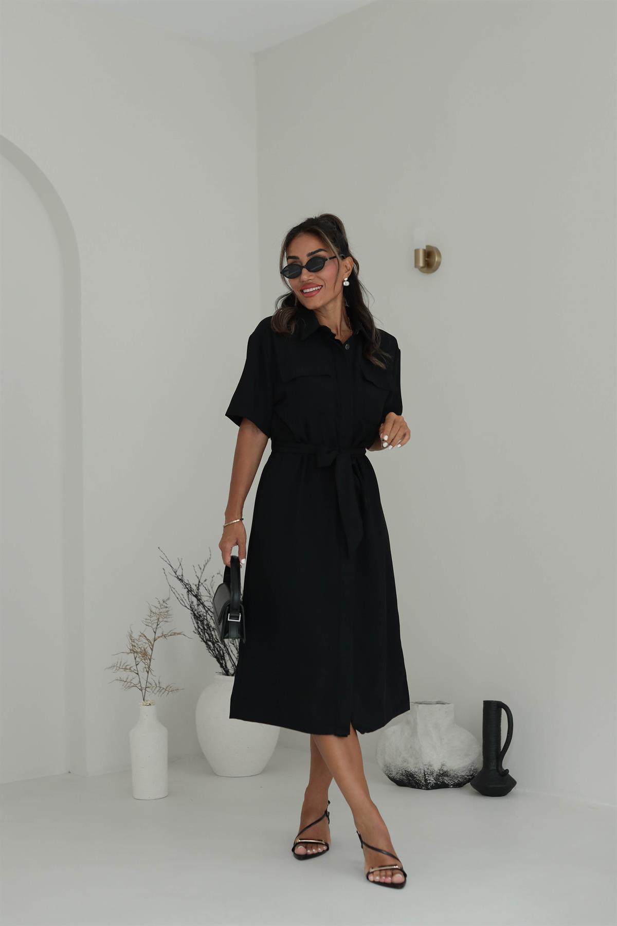 Önden Düğmeli Kuşaklı Gömlek Elbise