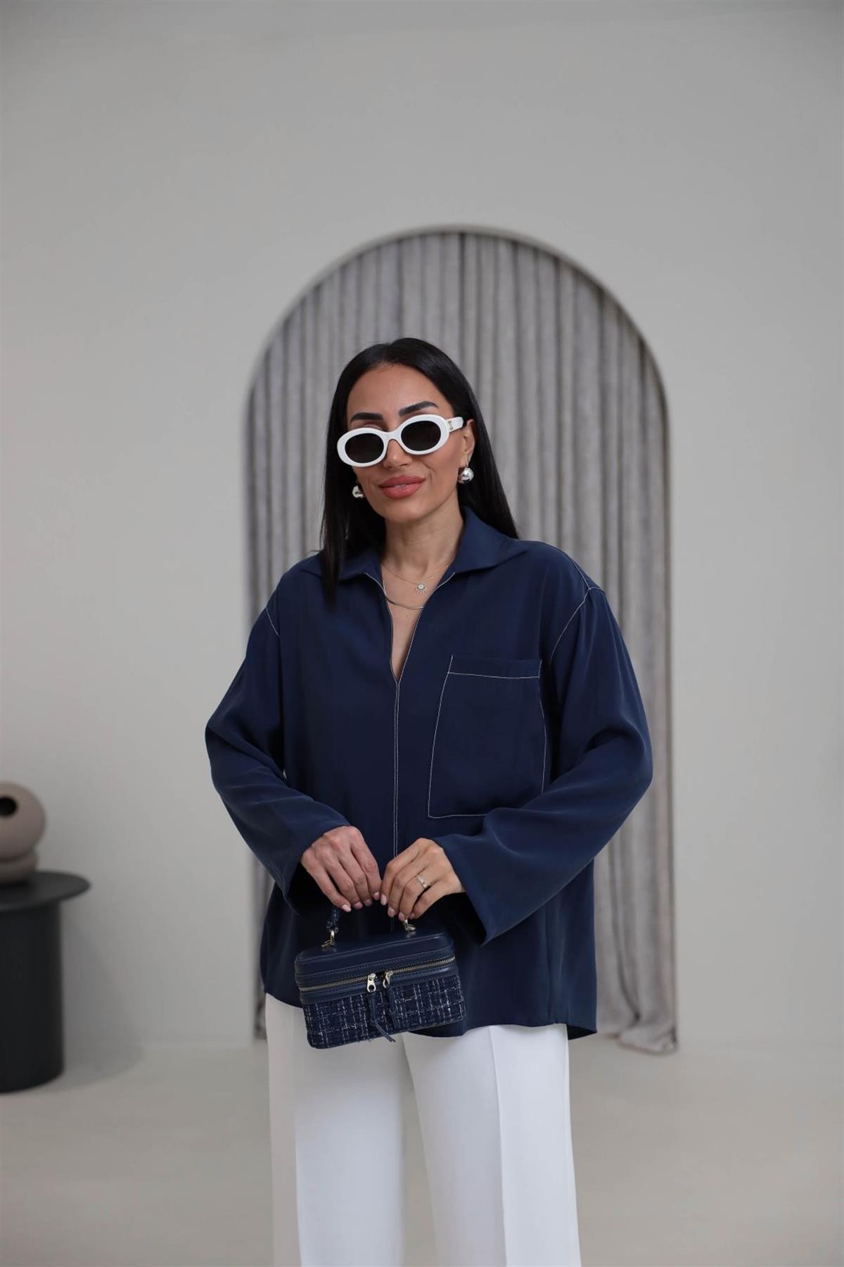 0723 Zincir Dikişli Cep Detay Tencel Gömlek Indigo