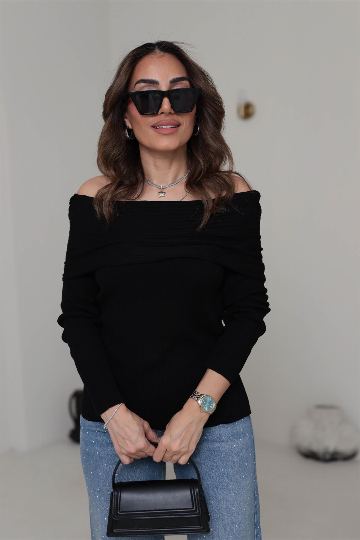 0340 Madonna Yaka Fitilli Mevsimlik Triko SİYAH