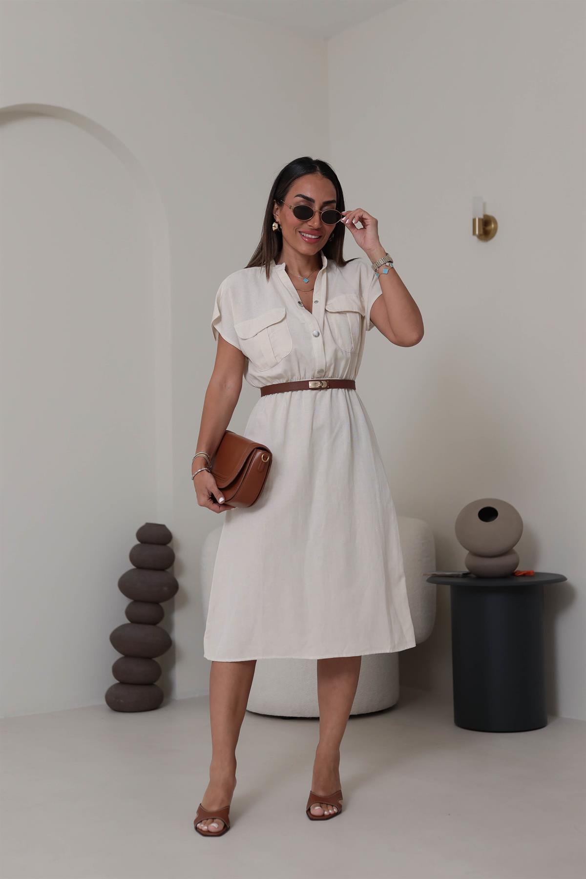 5921 Yan Çıtçıt Detay Elbise NATURAL