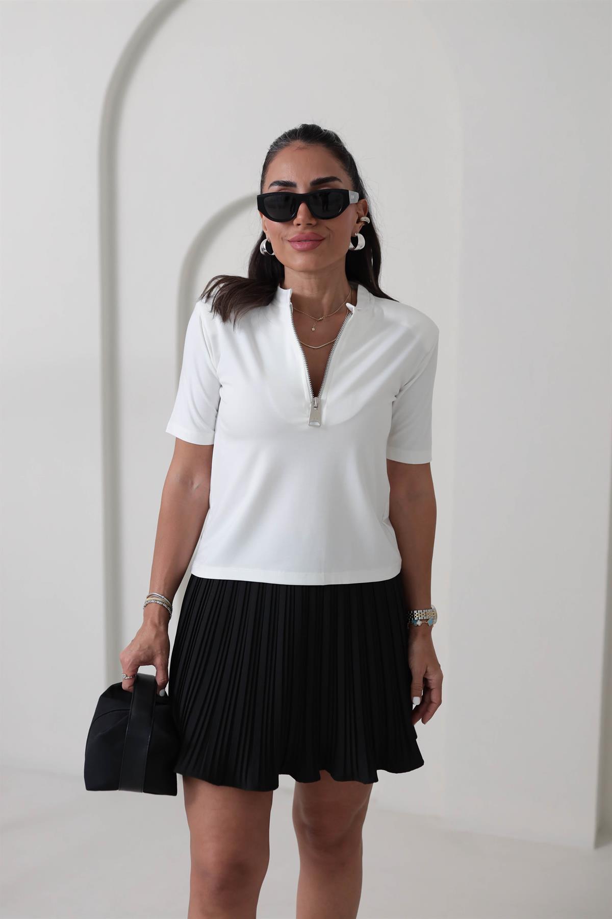 9647 Önü Fermuarlı Vatkalı Kısa Kol Sandy Bluz EKRU