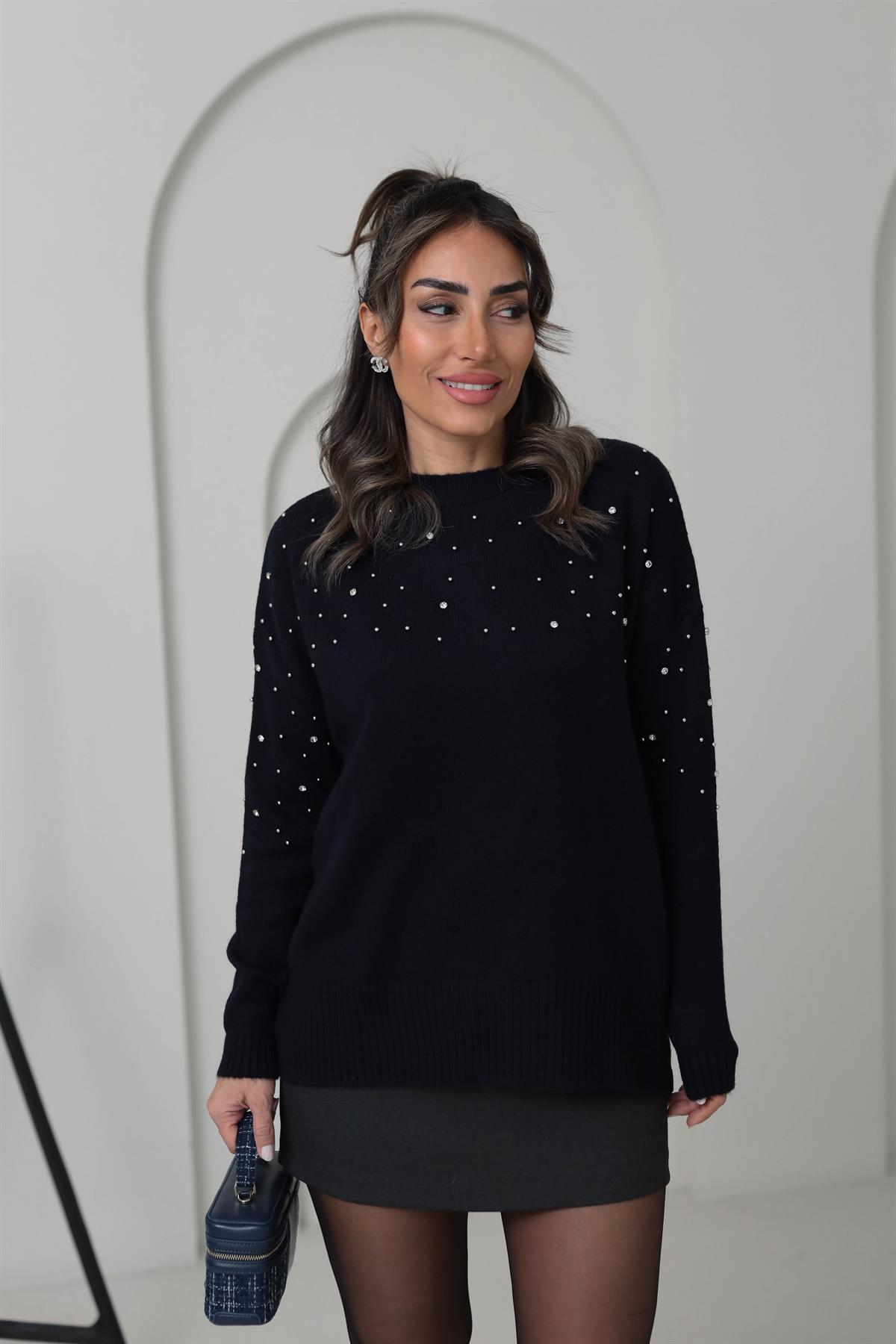 4243 Boncuk Ve Taş Detaylı Triko Kazak LACİVERT