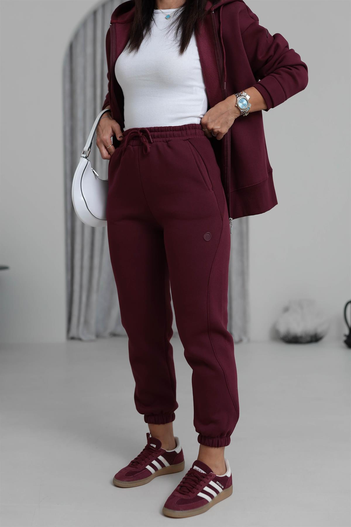 7314 Ribanalı Bel Lastikli 3 iplik Şardonlu Eşofman Altı BORDO