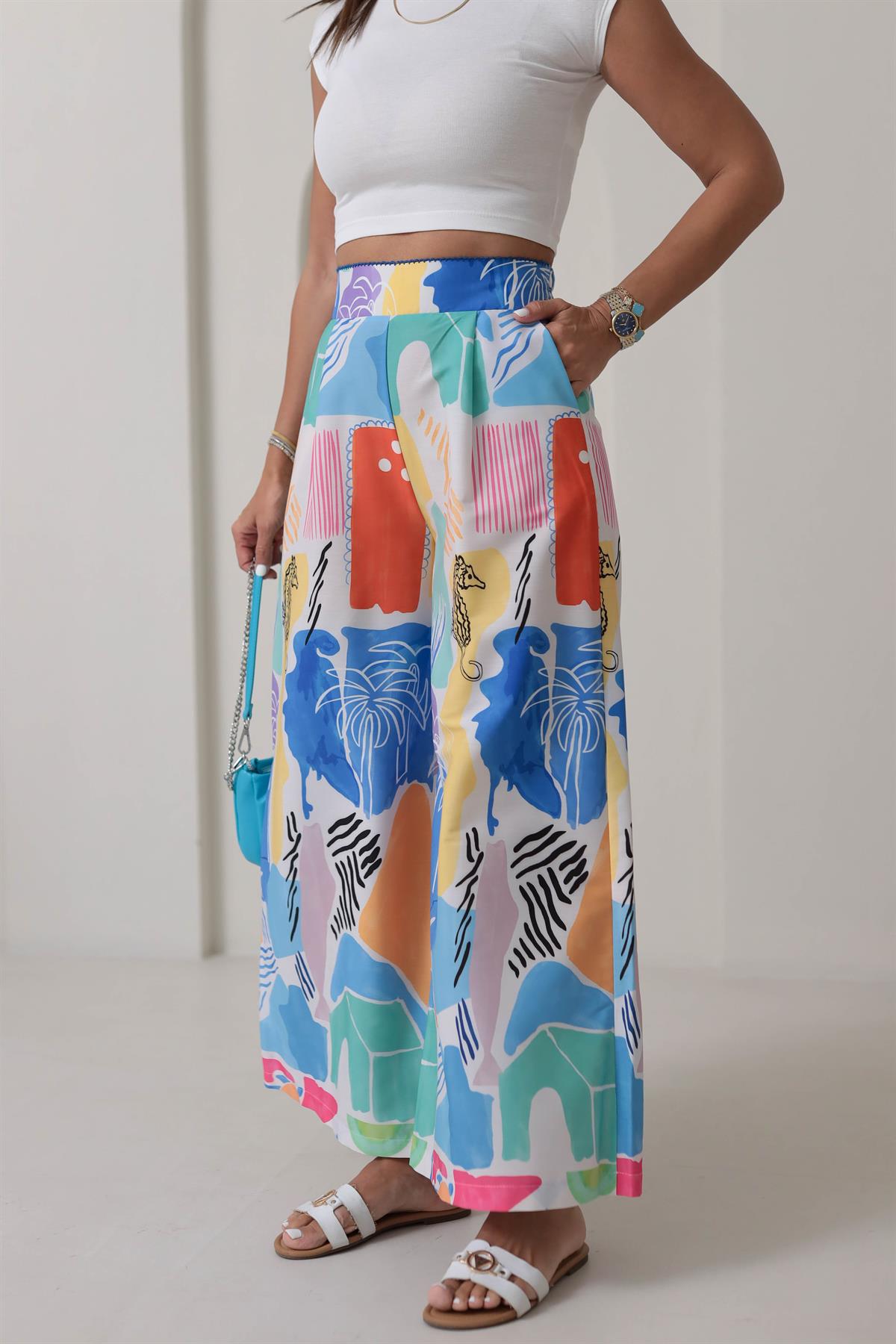 0404 Desenli Yüksek Bel Bol Paça Pantolon RENKLİ