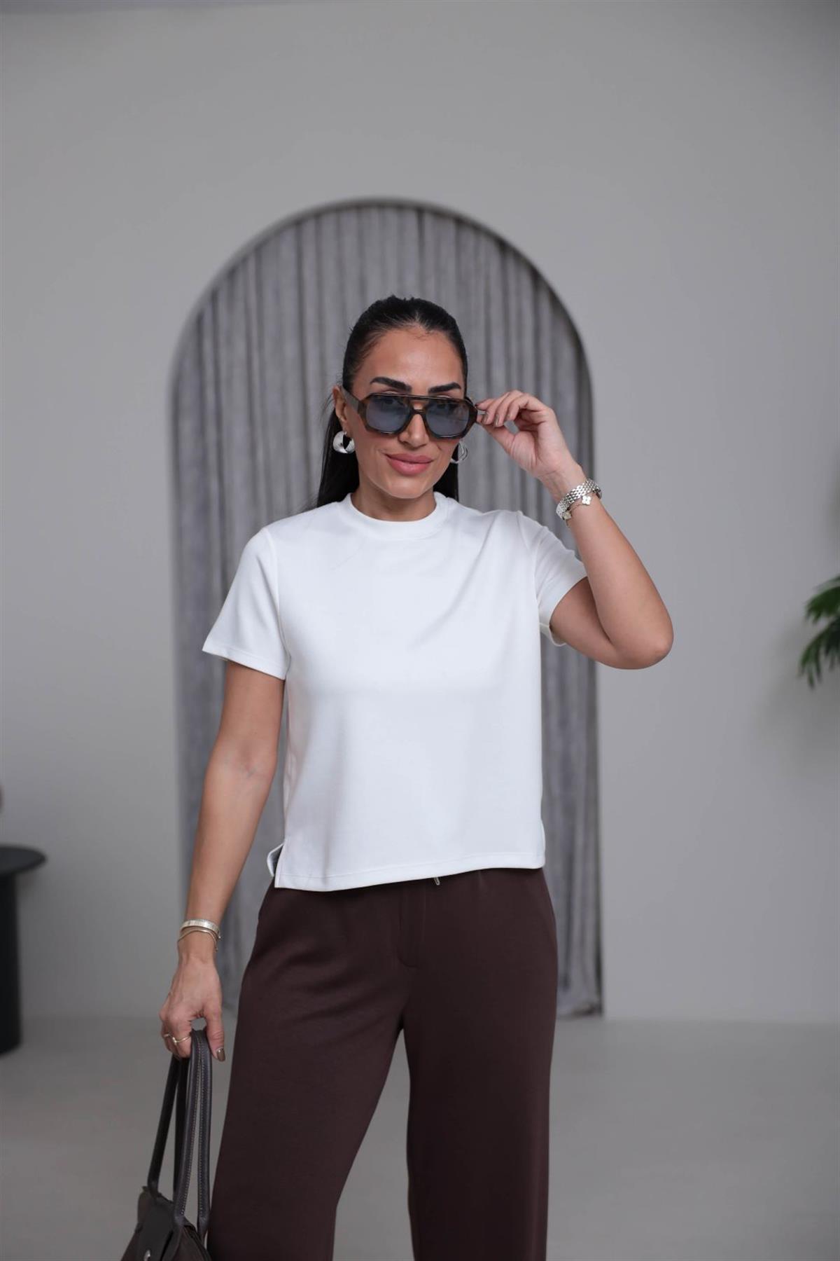 1120 Bisiklet Yaka Kısa Modal Tshirt EKRU