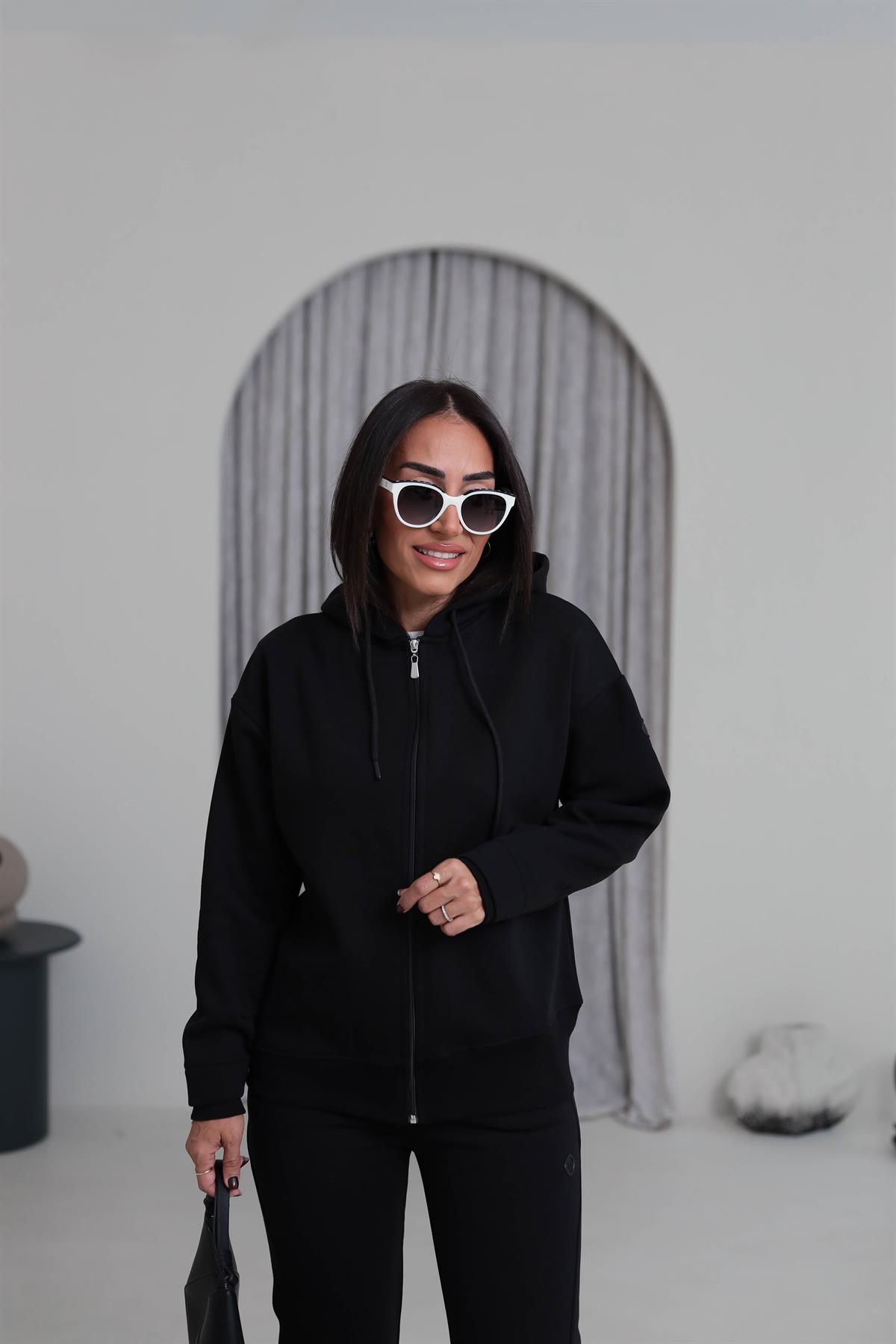 7316 Kapşonlu Fermuarlı Şardonlu Sweatshirt SİYAH