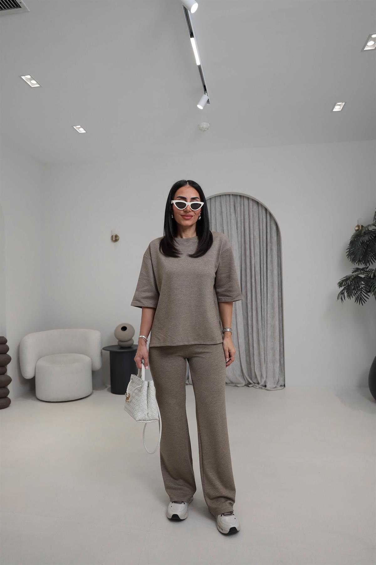 1881 Dokulu Pamuklu Tshirt Pantolon Takım VİZON