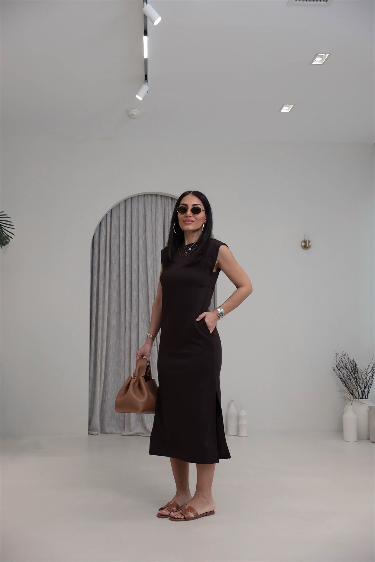 4254 Kol Detaylı Modal Rahat Elbise KAHVE