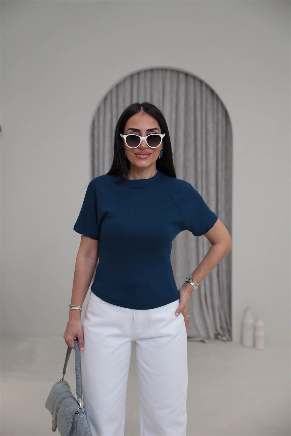 2322 Reglan Kol Yandan Fermuarlı Pamuklu Tshirt Indigo