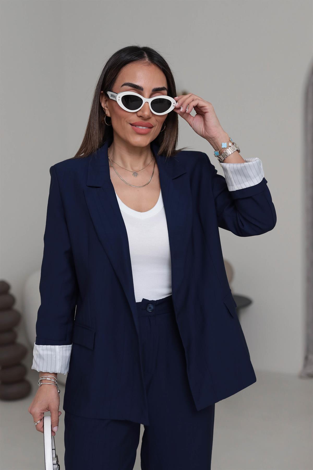 50178 Aeronbin Kol Katlamalı Çizgili Blazer Ceket LACİVERT