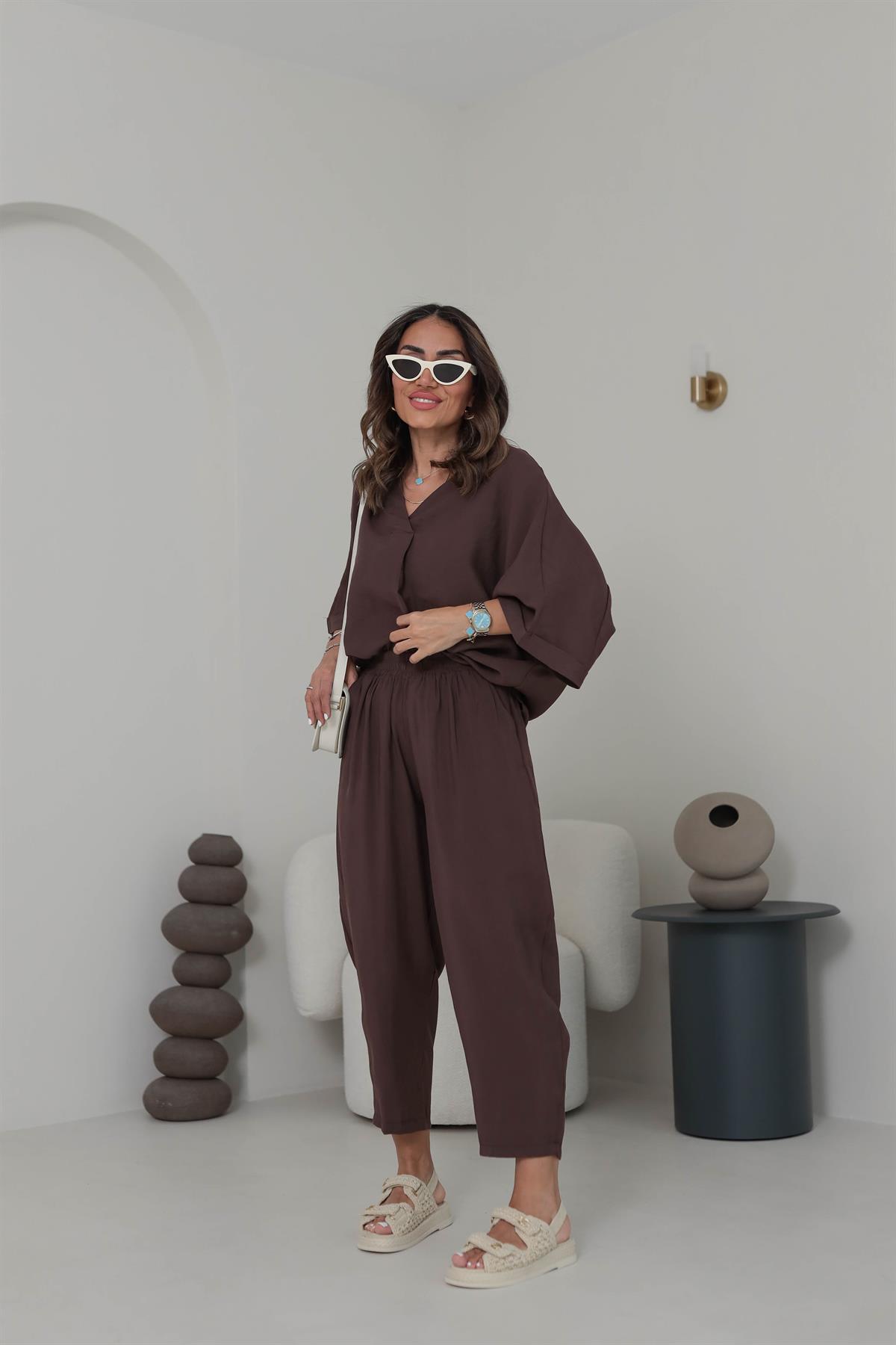 3077 Düşük Kol Tencel Kumaş Takım KAHVE