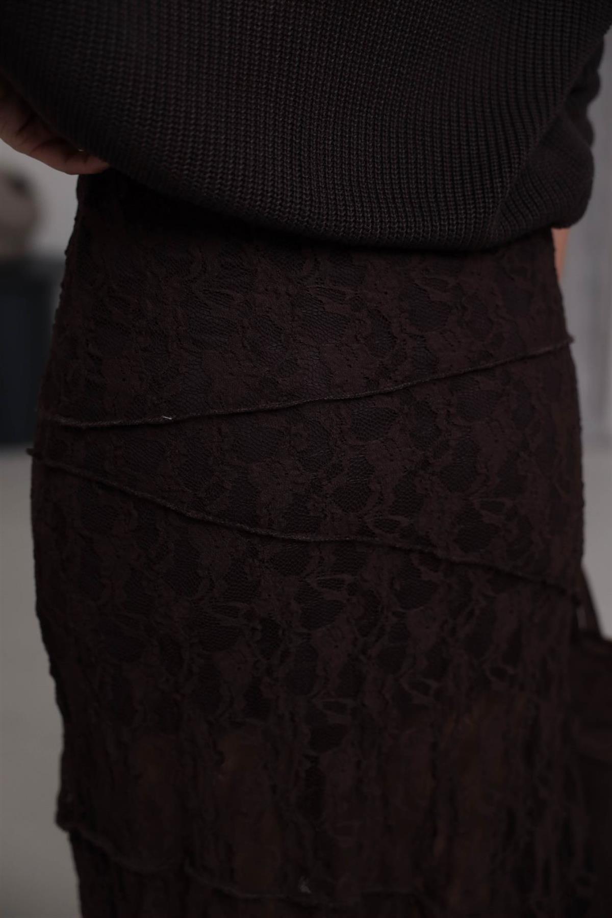 8818 Astarlı Dikiş Detaylı Dantel Etek KAHVE