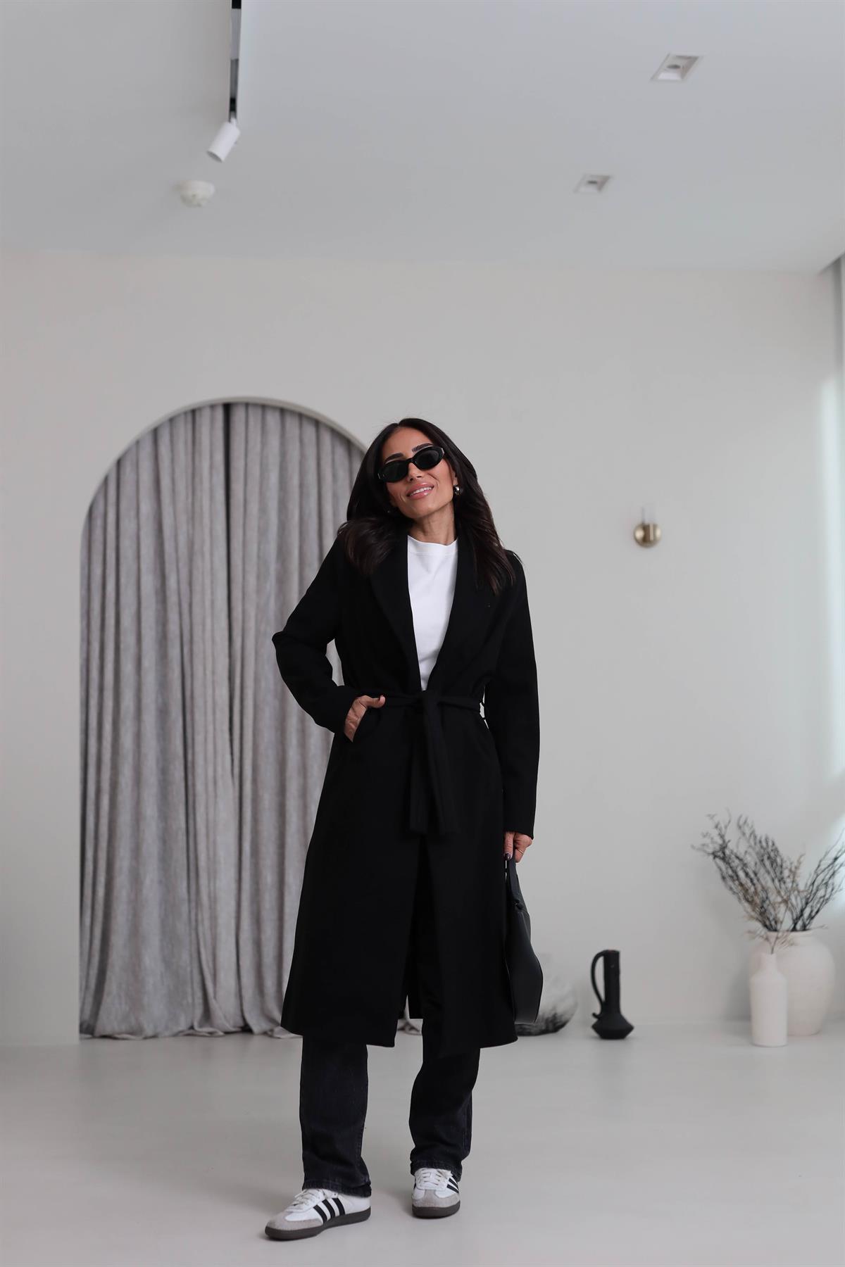 2173 Kuşaklı Kaşe Ceket SİYAH